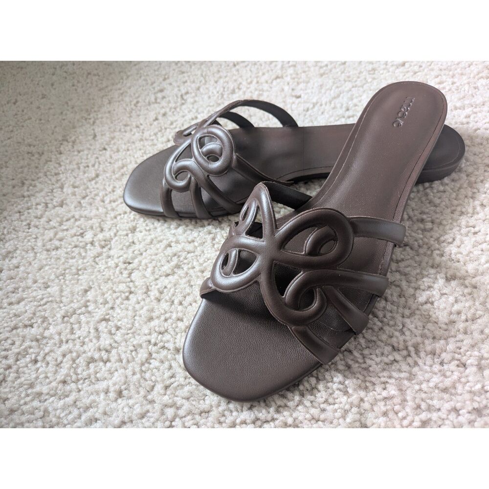 NIB Maeve Anthropologie Logo Dark Brown Leather Slide Sandals Sz 9 - Picture 3 of 10